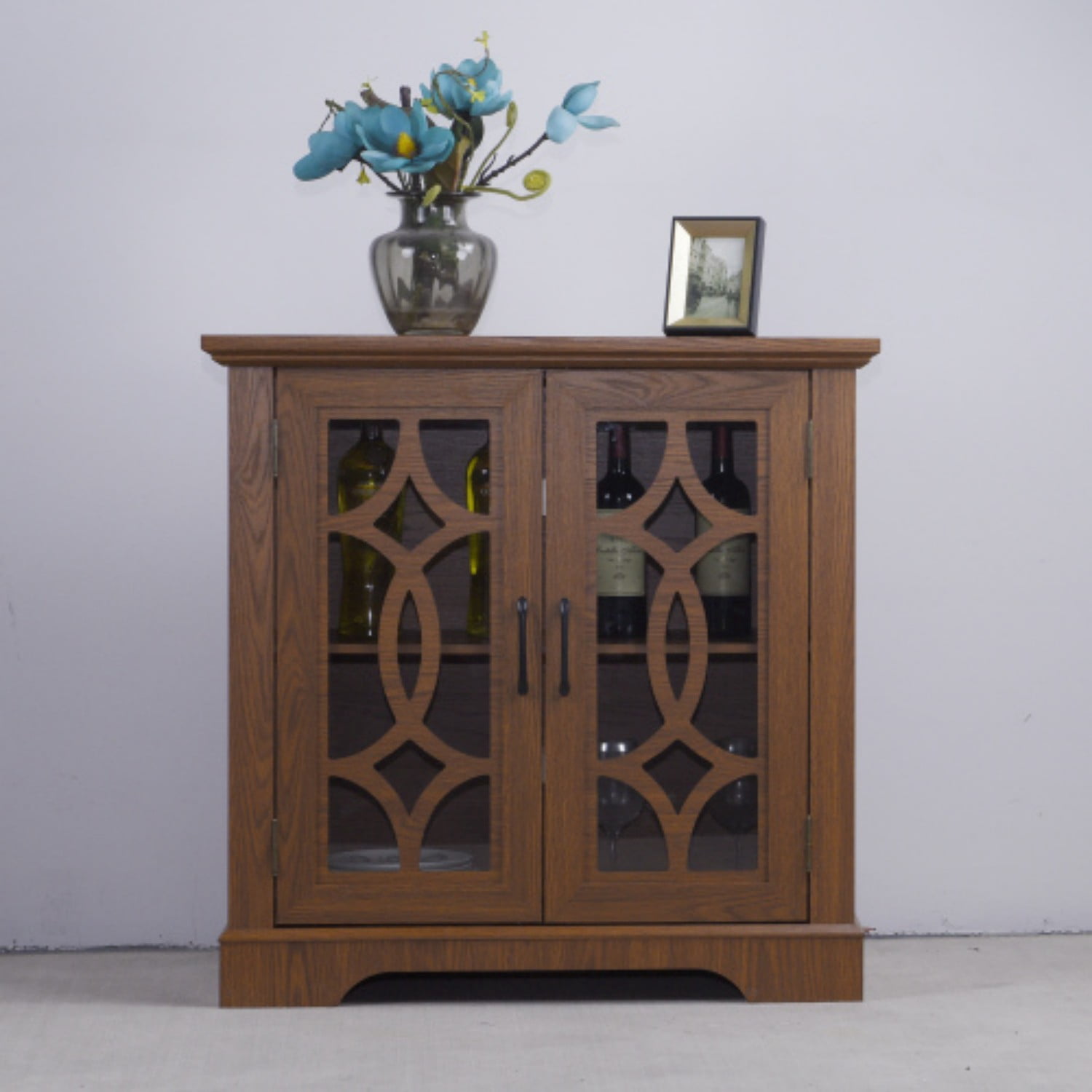 34.37" Modern Glass Door Sideboard Buffet Cabinet, MDF Storage Credenza with Adjustable Shelf, Tempered Glass Display Cabinet for Dining Living Room Kitchen, Dark Oak
