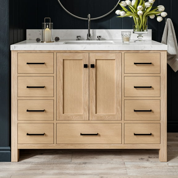 ARIEL 48'' Bathroom Vanity with Sink, American White Oak Solid Wood, 1.5 inch Edge Carrara White Quartz Countertop & Backsplash, 2 Soft Closing Doors, 9 Full Extension Dovetail Drawers, Matte Black