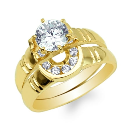 - Duo Set Yellow Gold Plated Round CZ Beautiful Horseshoe Shaped Solitaire Ring Size 4-10