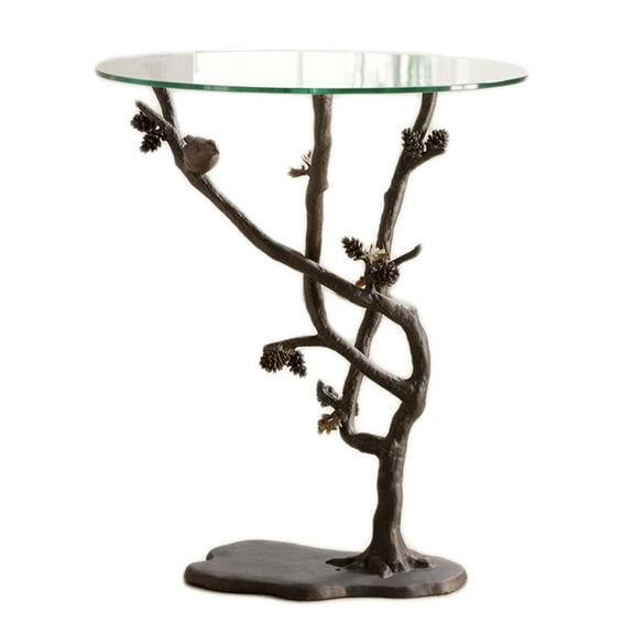 SPI Glass Top Bird and Pinecone Metal End Table