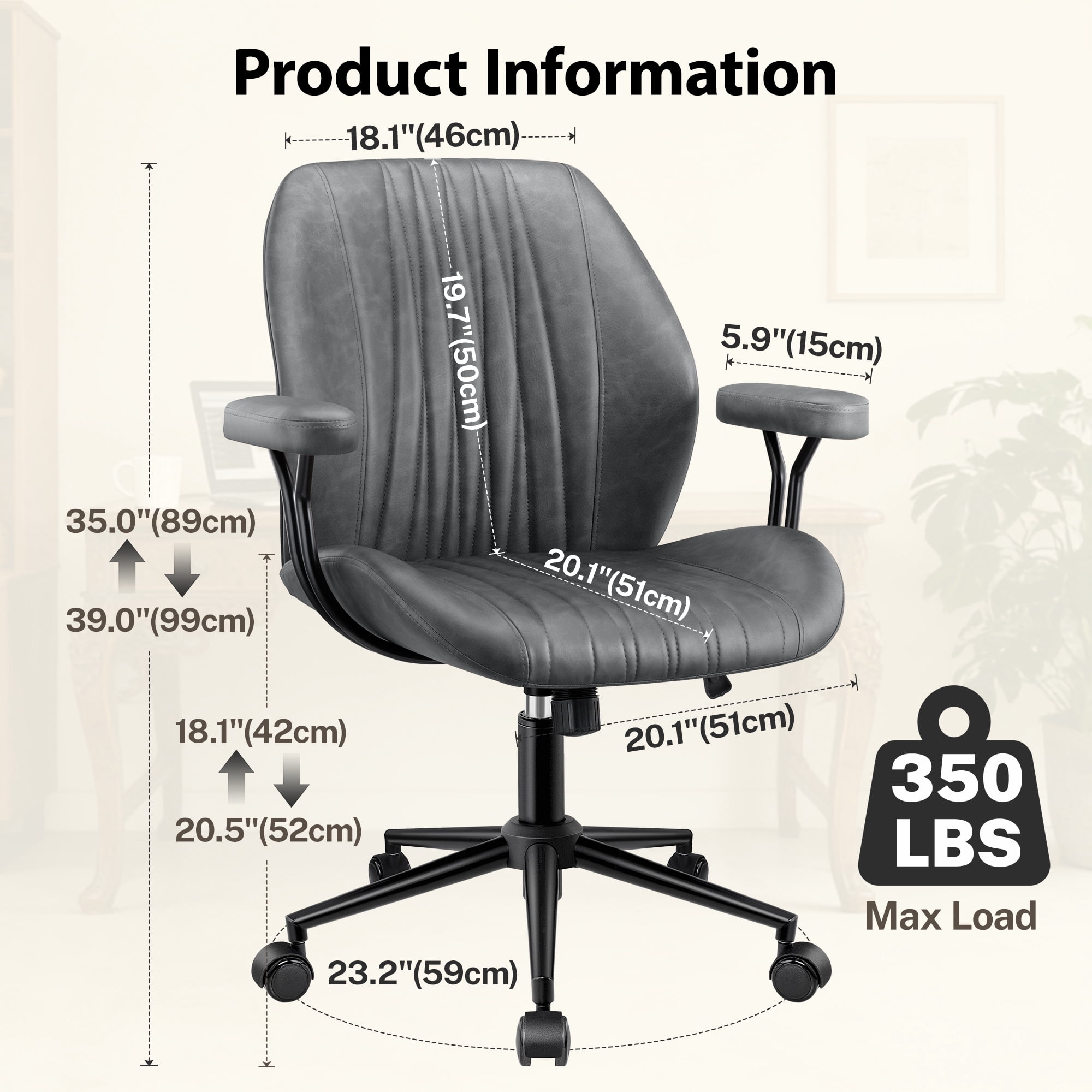 COOLHUT Home Office Chair, PU Leather Ergonomic Computer Desk Chair with Removable Armrests, Mid Century Modren Armrest Office Chair, Rocking Swivel Task Chair, Dark Gray
