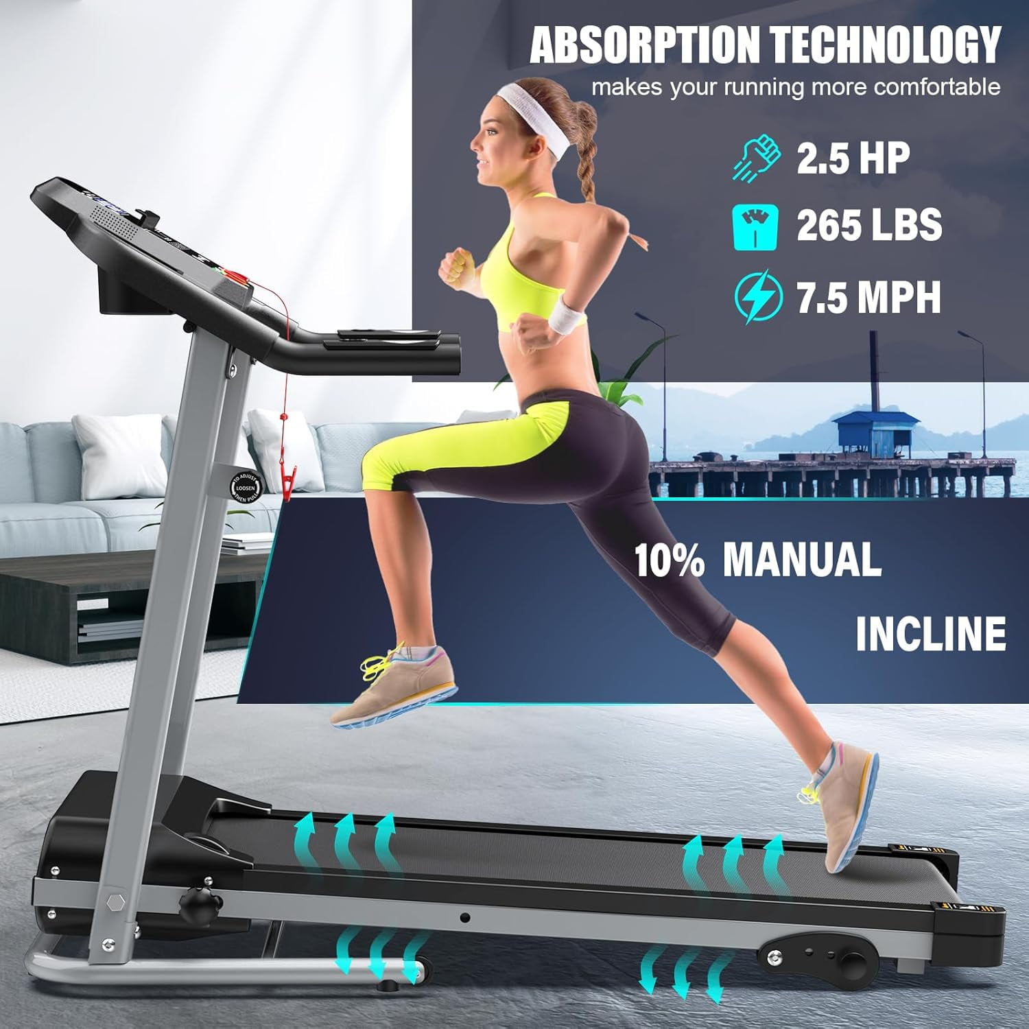 Folding Treadmill with Manual Incline, Fitness Workout Exercise Machine  LCD Screen, Shock-Absorbent Running Deck, Device Holder - Black