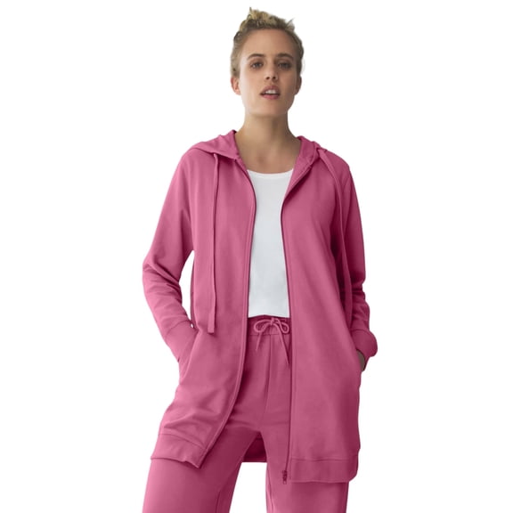 Ellos Women's Plus Size Long Zip Front Hoodie French Terry Long Oversized Lightweight Jacket