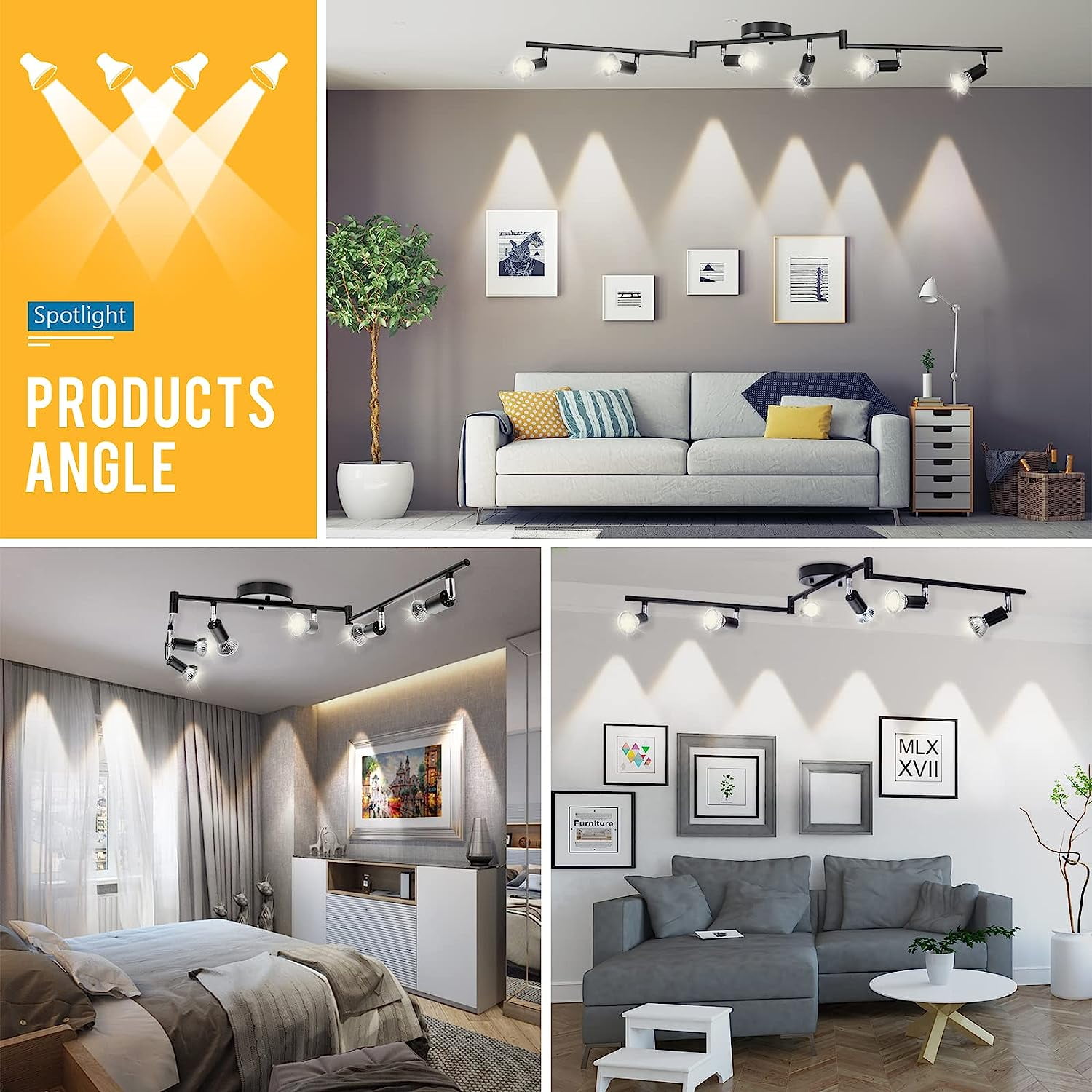 Aiboo Adjustable Dimmable Track Lighting Kit, Matt Black, 6-Light Ceiling Spot Fixtures for Kitchen & Hallway