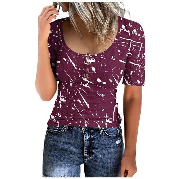 Blusas de Manga Corta para las Mujeres Cuello Redondo Botón Arriba Camiseta Suelta, Top de Algodón de Imitación Casual para Diario