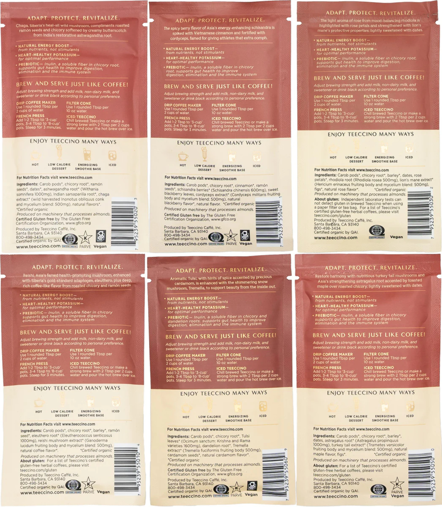 Teeccino Mushroom Adaptogen Herbal Coffee Sampler - 6 Trial-Size Packets, Medium Roast, Caffeine Free, Prebiotic