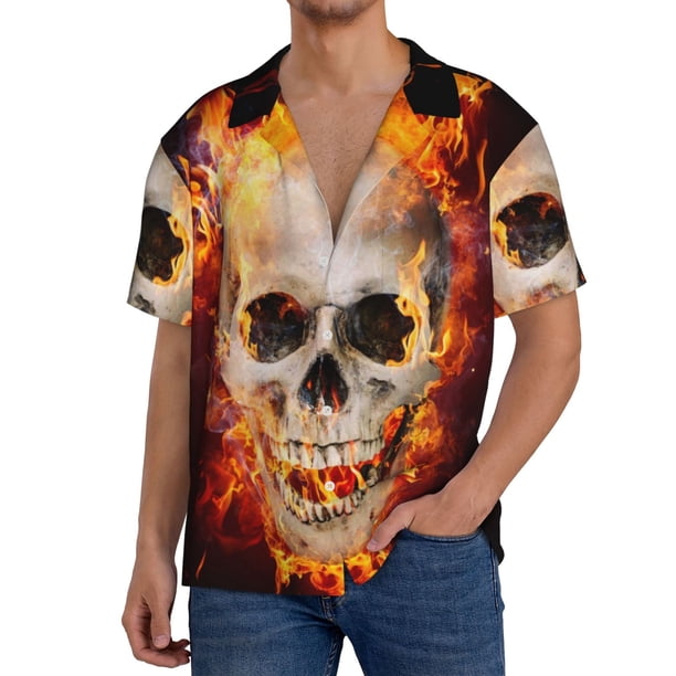 Fotbe Satanic Skull Camisa Estampada de Manga Corta para Hombre, Casual de Verano, Estilo Playero, Sin Arrugas-Medium