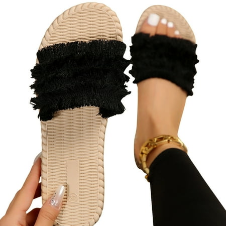 

WQJNWEQ Sandals Women Bohemian Vacation Slippers Summer Comfort EVA Beach Tassels Open toe Flat