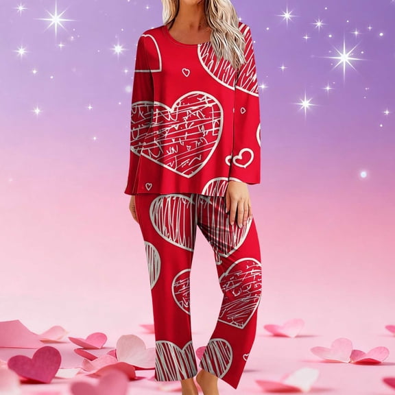 Sakmal Women Valentine's Day Pajama Sets Love Soft Plus Size Long Sleeve Shirt with Pants Sleepwear Red Crew Neck Womens Pajama Set L