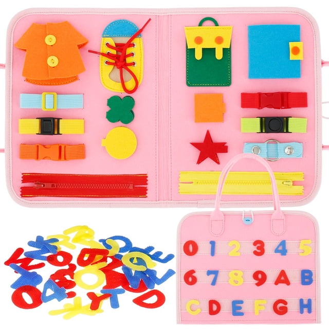Busy Board for Toddlers Baby Educational Learning Toys Felt Learning Early Basic Life Skills Activity Board Toys with Buckles Zip Numbers Button Time Alphabet