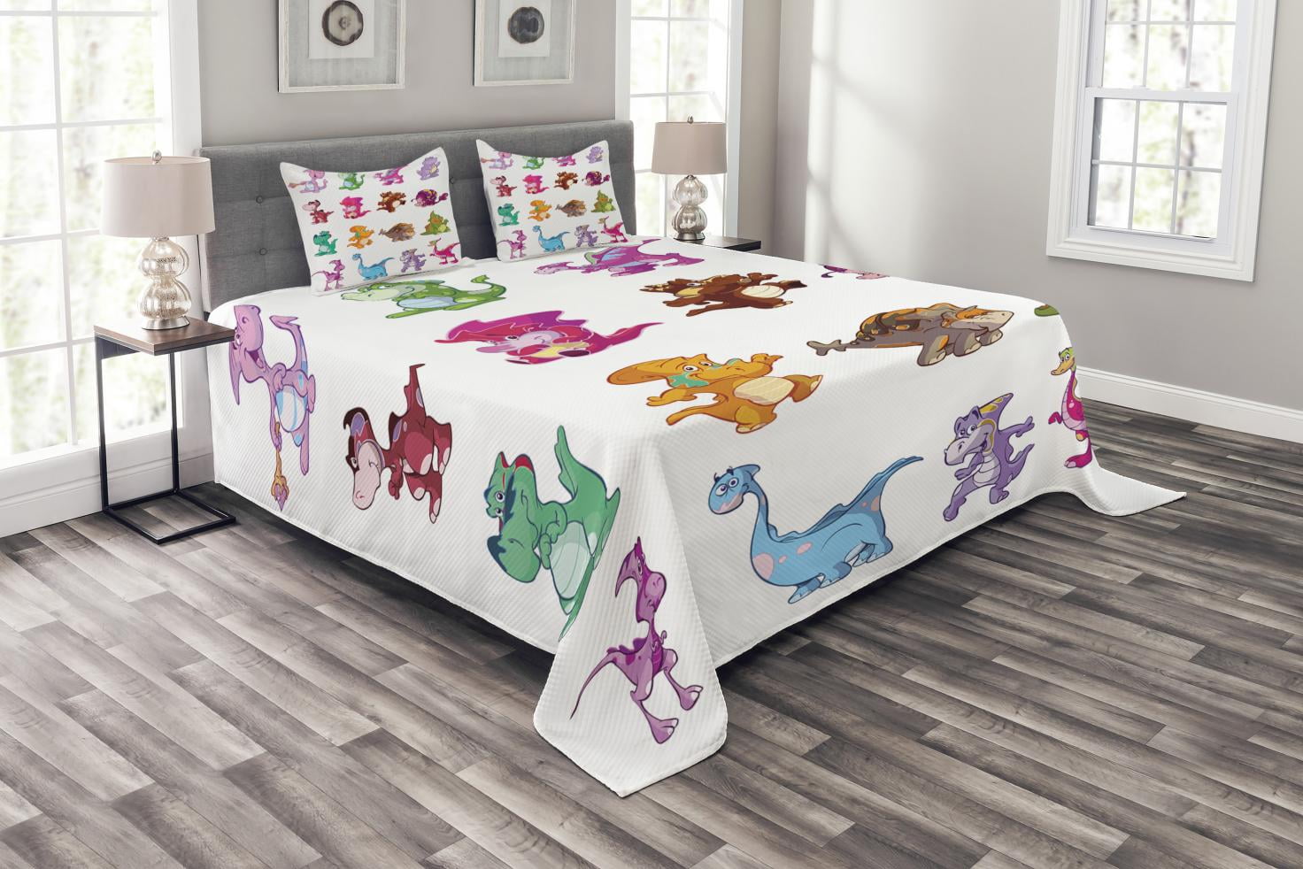 Ambesonne Colorful Quilted Bedspread Set 3 Pcs, Dinosaurs Extinction