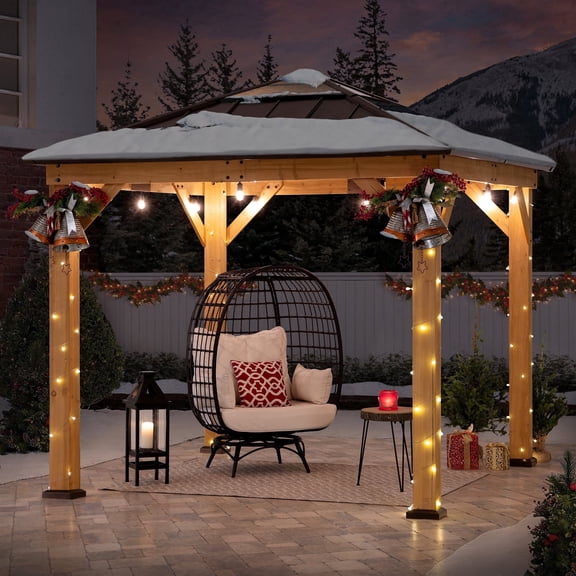 SUNJOY Hardtop Gazebo 9 x 9 ft. Cedar Framed Wood Gazebo with Brown Steel & Polycarbonate Pyramid Hip Roof and Ceiling Hook for Garden, Backyard Shade, Brown Roof   Natural Wood Frame