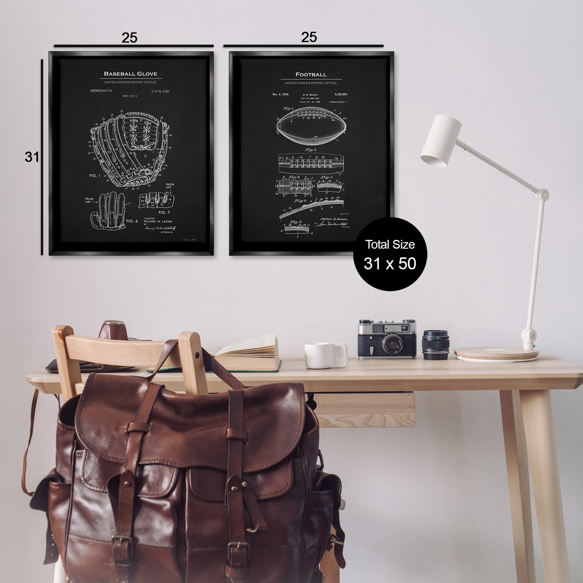 Stupell Industries Football Baseball Glove Patent Education Painting Black Floater Framed Canvas Art Print Wall Art, 31 x 25, Set of 2