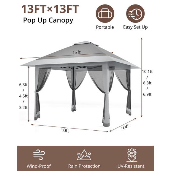 Acekid Pop Up Canopy Gazebo 13x13FT, with Double Waterproof Roof & Mosquito Netting, Gray