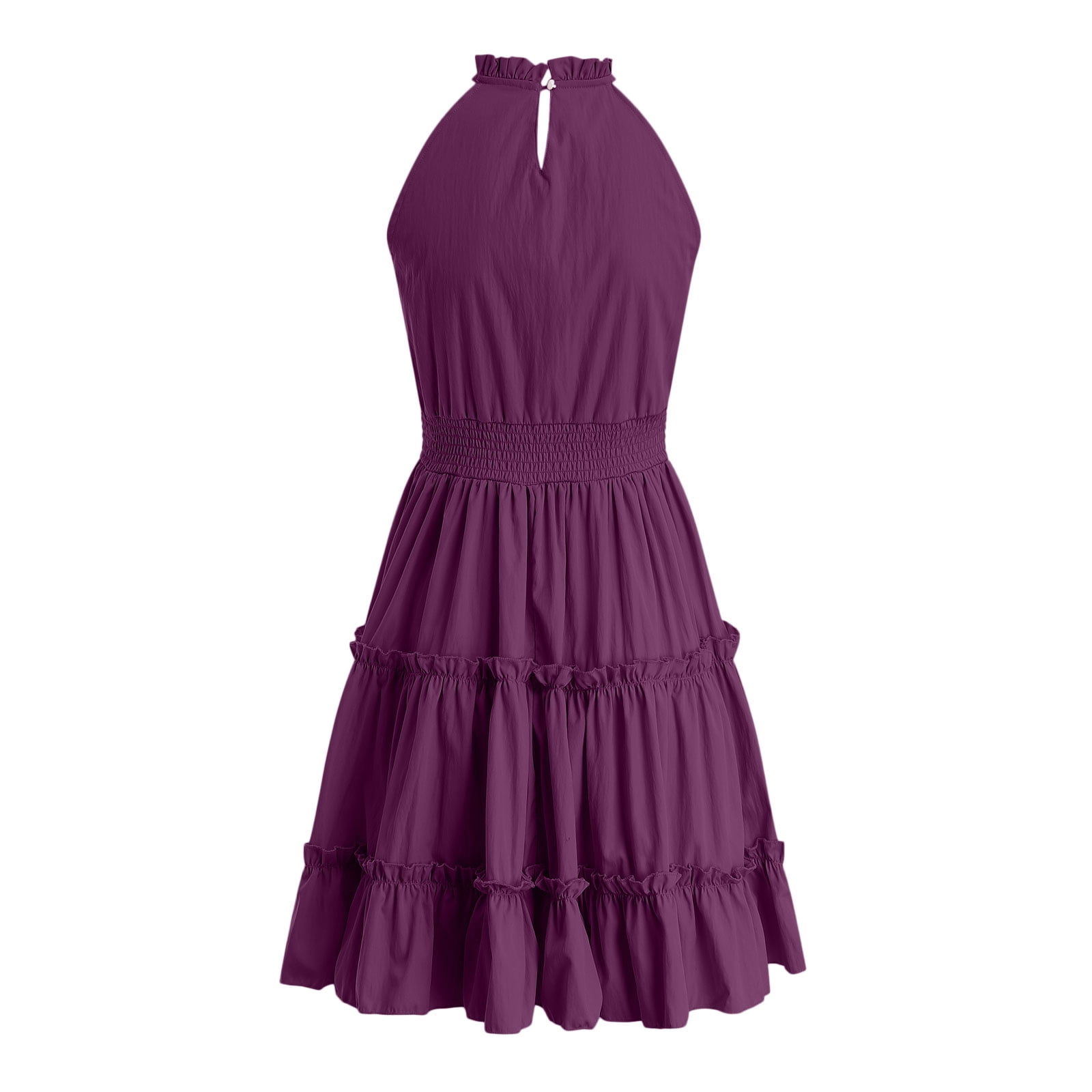 Faraee Girl's Halter Neck Sleeveless Summer Dress Smocked Waist A-line Sundress Tulle Mini Swing Pleated Skirt with 3 Layers Purple 6-7 Years