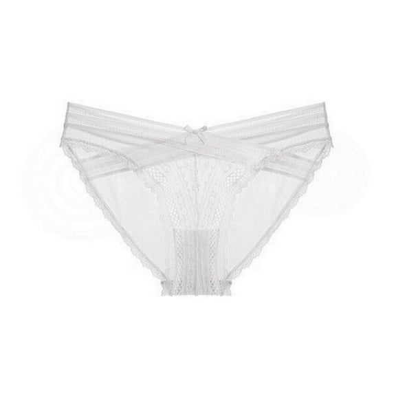 Sunvit-Panties Womens Low-Rise White L Size Sheer Mesh Lace Bikini Panties - Soft Stretchy with Scalloped Edges, Crisscross Straps & Bow for Daily/Special Occasions