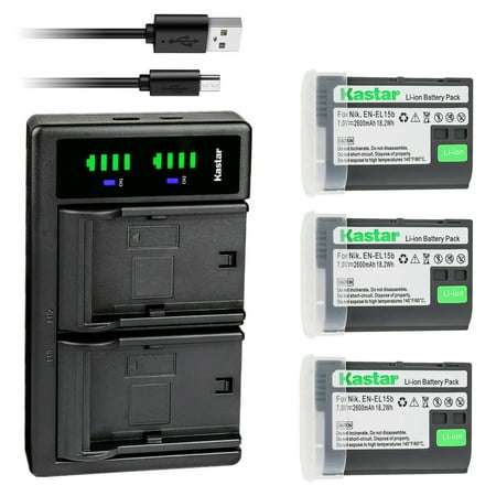 Kastar 3-Pack EN-EL15b Battery and LTD2 USB Charger Replacement for Nikon EN-EL15 EN-EL15a EN-EL15b EN-EL15e Battery MH-25 MH-25a MH-25b Charger MB-D11 MB-D12 MB-D14 MB-D15 MB-D16 MB-D18