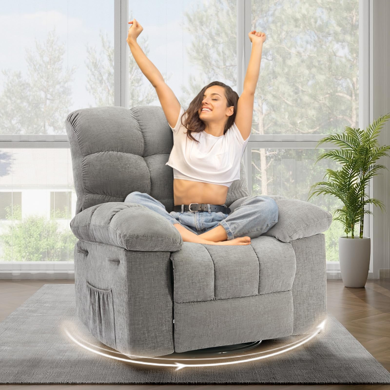 Swivel Rocking Recliner Chair, 360° Swivel 135° Tilt Glider Nursery Chair with Extra Large Footrest, Chenille Upholstery Q235 Steel Frame High Back Deep Seat for Living Room Bedroom Small Spaces