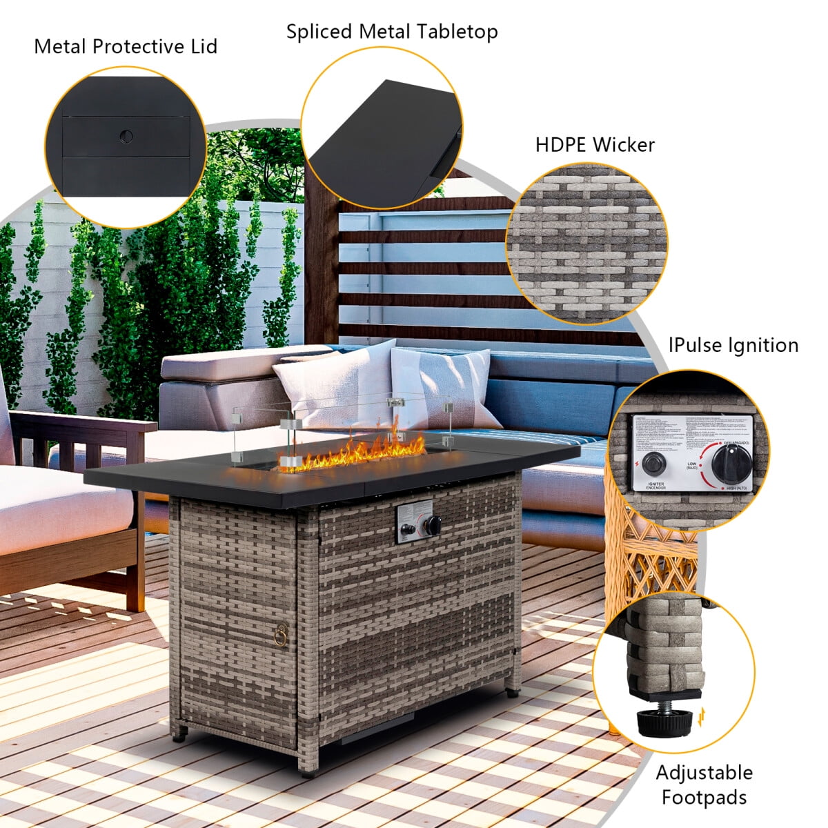 43 Inch Propane Fire Pit Table, 50,000 BTU Steel Propane Firepit with Lid & Pulse Ignition System, Outdoor Gas Fire Pit Table with Lava Rock & Imitation Rattan Weave Texture for Backyard Patio Garden