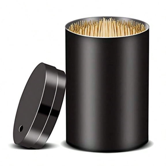 Hltser Stainless Steel Metal Toothpick Holder Dispenser  Tooth Picks Lot Container with 500 Pieces Bamboo Round Toothpicks for Teeth Appetizer and for kitchen (Black)