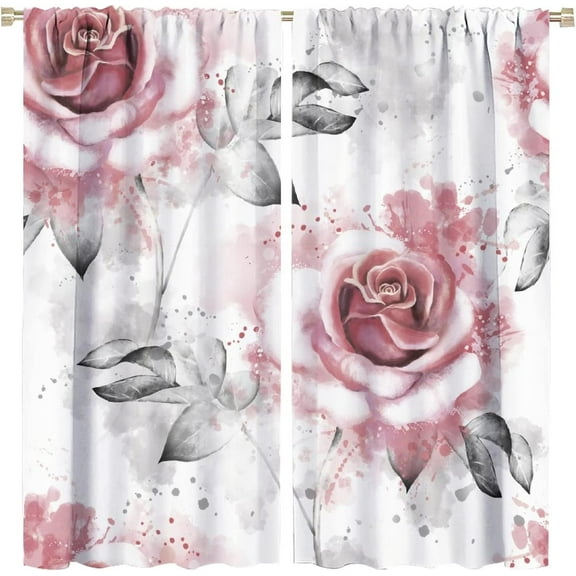 Rose Curtains Vintage Romantic Floral Pink Rose Gray Leaf White Living Room Bedroom Kitchen Rod Pocket Blackout Window Drapes 42x54in