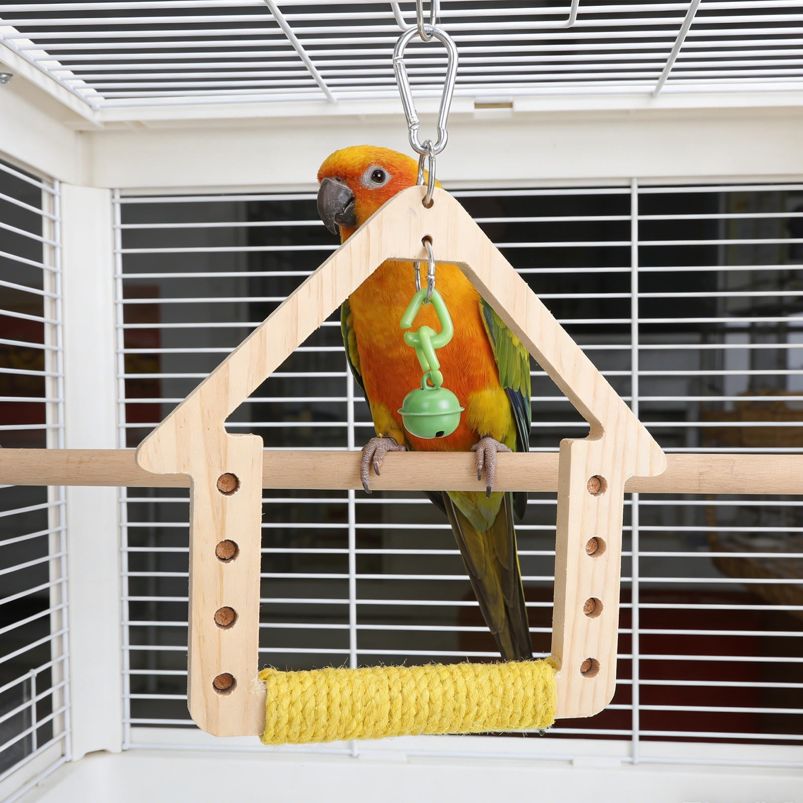 FOMIYES Wooden Bird Swing with Bell and Beak Grinding Toy for Cockatiels, Parakeets, Conures, Pet Bird Cage Accessory