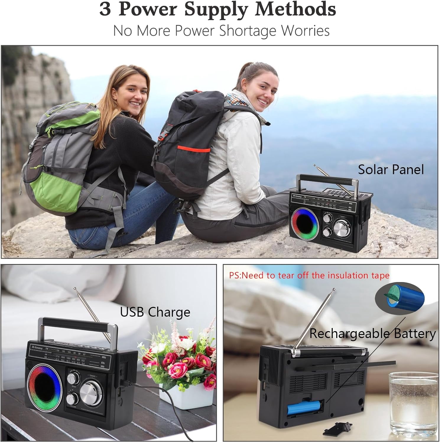 AM FM SW Radio Portable with Bluetooth Speaker, Illumination, USB TF Card Playing, Solar/USB-C Rechargeable Radios, Colorful Light, Transistor Radios Portable Emergency, Bluetooth Radio