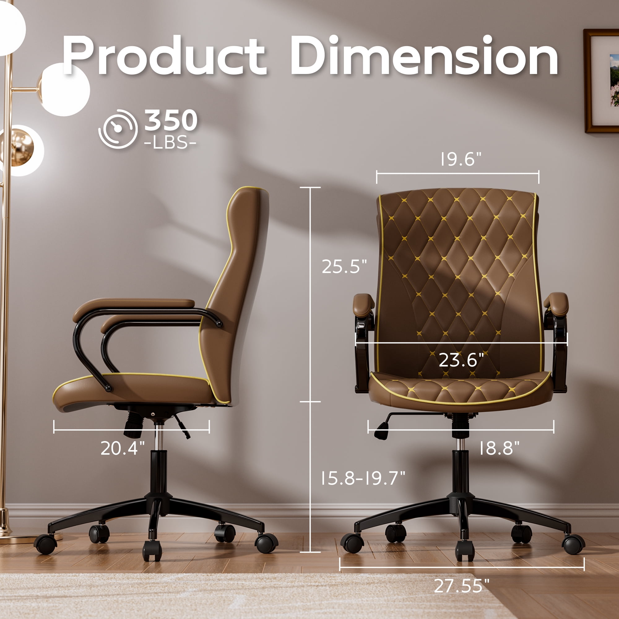 iooHug Ergonomic PU Leather Office Chair, Executive Desk Chair with Diamond Quilted, Swivel Computer Chair with Lumbar Support & Rocking Function for Home Office, Brown