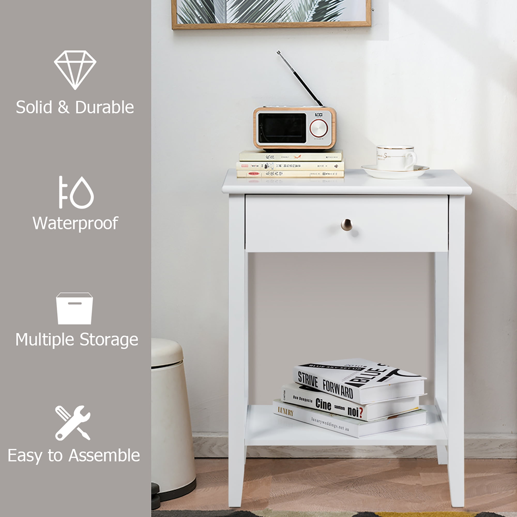 Costway Nightstand End Table Storage Display Bedroom Furniture Drawer Shelf Beside White