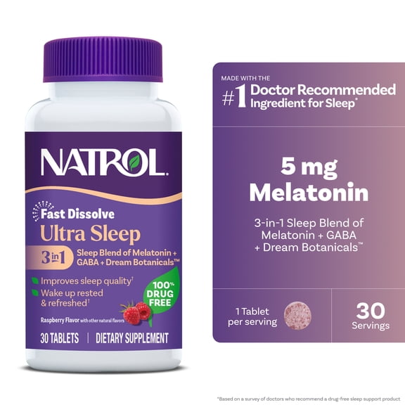 Natrol Ultra Sleep 3-in-1, 5mg Melatonin, GABA, Botanicals, 30 Tablets