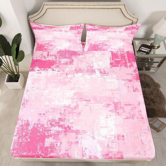 Erosebridal Oil Painting Fitted Sheet Full,Pink White Bedding Set Full Size,Lightweight Fitted Sheet Set Full,Abstract Room Decorative,3-Piece(Fitted Sheet,Pillowcase)