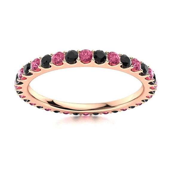 Full Eternity Round Black Spinel & Pink Topaz 925 Silver Rose Plated Women Ring