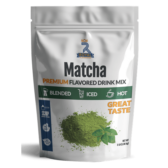 Royal Flavorings Matcha Premium Flavored Frappe Drink Mix for Blended, Iced or Hot Drinks, Stand up Resealable Bag 3 Lb.