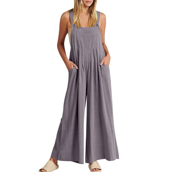 Womens Jumpsuits Ribbed Overall Solid Color Square Neck Sleeveless Summer Casual Wide Leg Loose Rompers Jumpers with Pockets