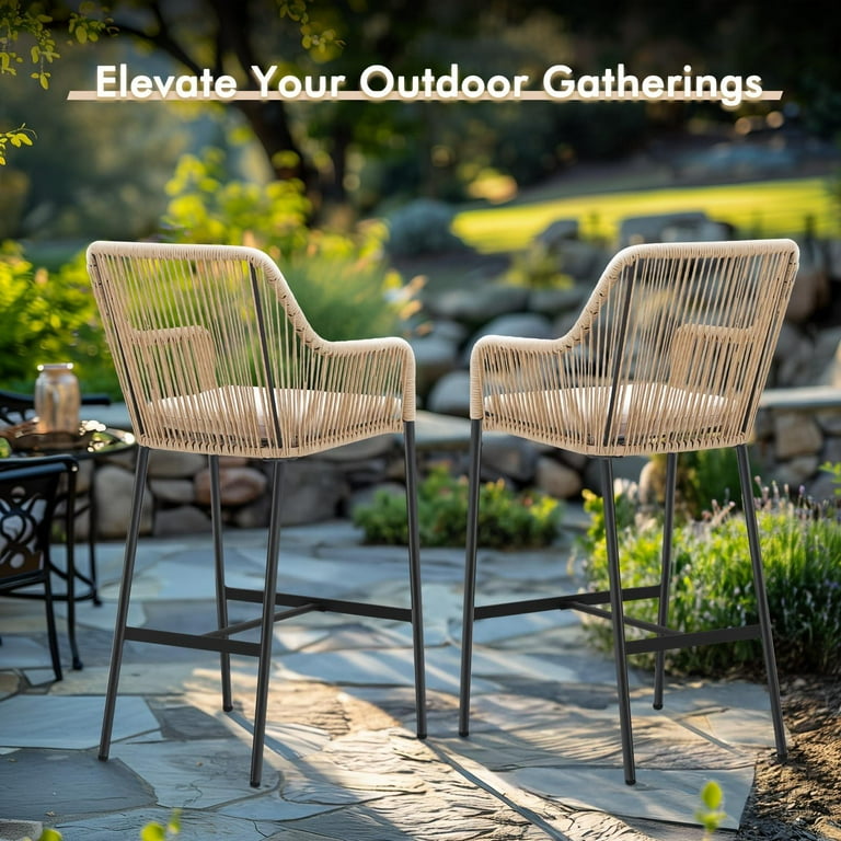 JOIVI Outdoor Wicker Bar Stools 2 Piece Patio Bar Height Chairs with Cushions All Weather Rope Height Stools w Armrest and Footrest for Indoor