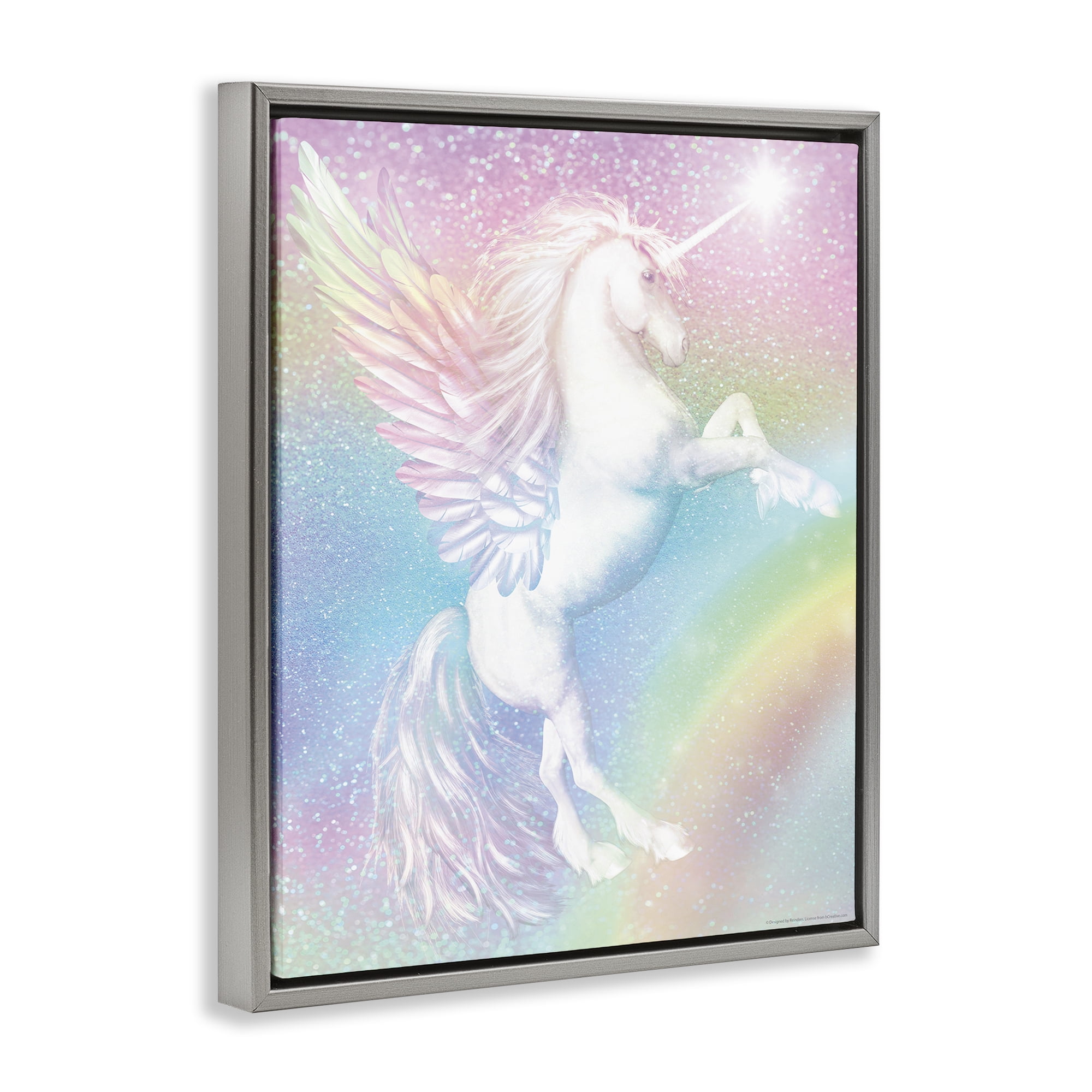 Stupell Industries Pastel Glitz Unicorn Fantasy & Sci-Fi Painting Gray Floater Framed Canvas Art Print Wall Art, 25 x 31