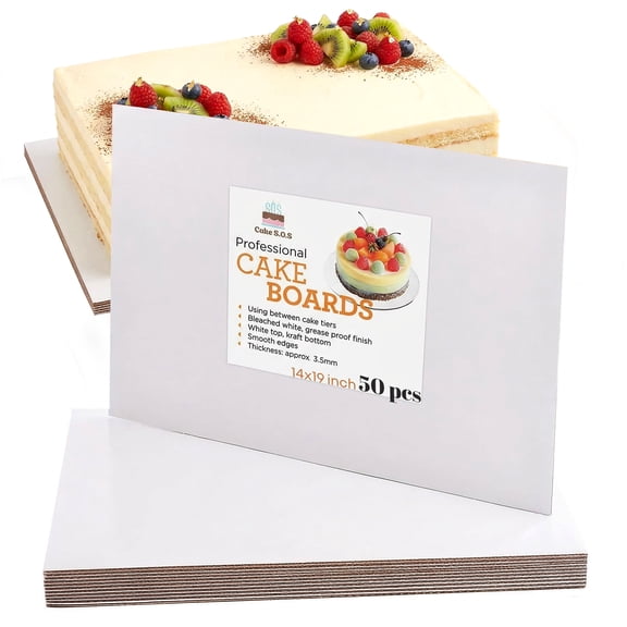 Cake S.O.S 14x19 inch Rectangle White Coated Cardboard Cake Board, Greaseproof, (50-pack)