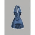 thumbnail image 2 of Dusty Blue Womens Halter Neck Lace Trim Satin A-Line Mini Dress, 2 of 5