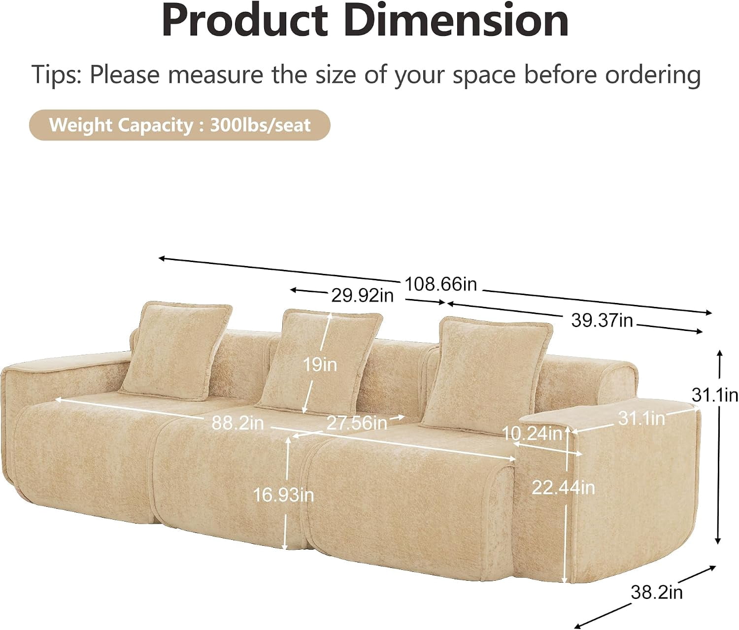 109" 3-Seat Modular U-Shaped Sectional Sofa, Light Camel Velvet with Throw Pillows, No Assembly Required