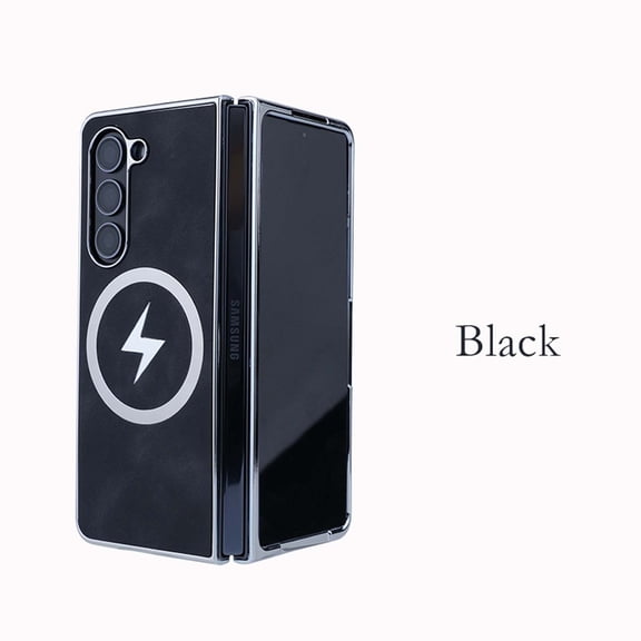For Samsung Galaxy Z Fold 5 Magnetic Phone Case,Compatible with Mag-Safe,Anti-Scratch PU Leather Back,Lightning Pattern Design,PC Bumper Shockproof Ultra Slim Durable Phone Case,Black