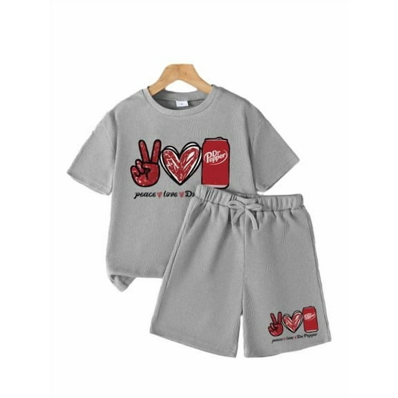 Kid Girls Clothes with Peace, Love & Dr Pepper Graphic ,Waffle Knit 2Pcs Set For Streetwear