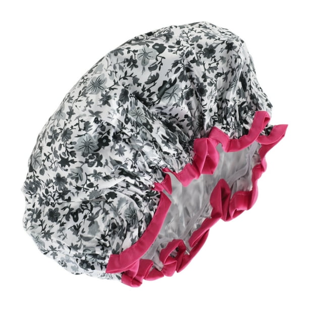 1 Pc Dama Doble Capa Gorro de Ducha con Flores para Baño Vacaciones Negro Blanco Satén PEVA