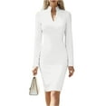 thumbnail image 2 of Women's Office Dress Work Dress Long Sleeve Stand Collar Slim Fit Pencil Bodycon Midi Dress for Commuting Spring Fall,White,2XL, 2 of 6