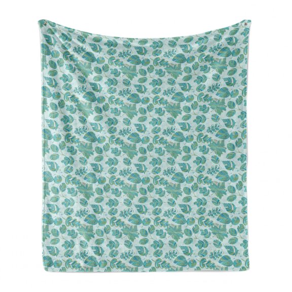 Leaves Soft Flannel Fleece Throw Blanket, Hand Drawn Oriental Ornament of Various Nature Shapes and Polka Dots, Cozy Plush for Indoor and Outdoor Use, 70" x 90", Peacock Green Baby Blue, by Ambesonne