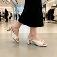 thumbnail image 6 of CHICVOMEY Womens Bow Knot Block Heel Mule Sandals Square Toe Open Toe Patent Leather Slide Heels Slip on Chunky Heel Slippers for Summer Party Wedding Daily Wear, 6 of 7