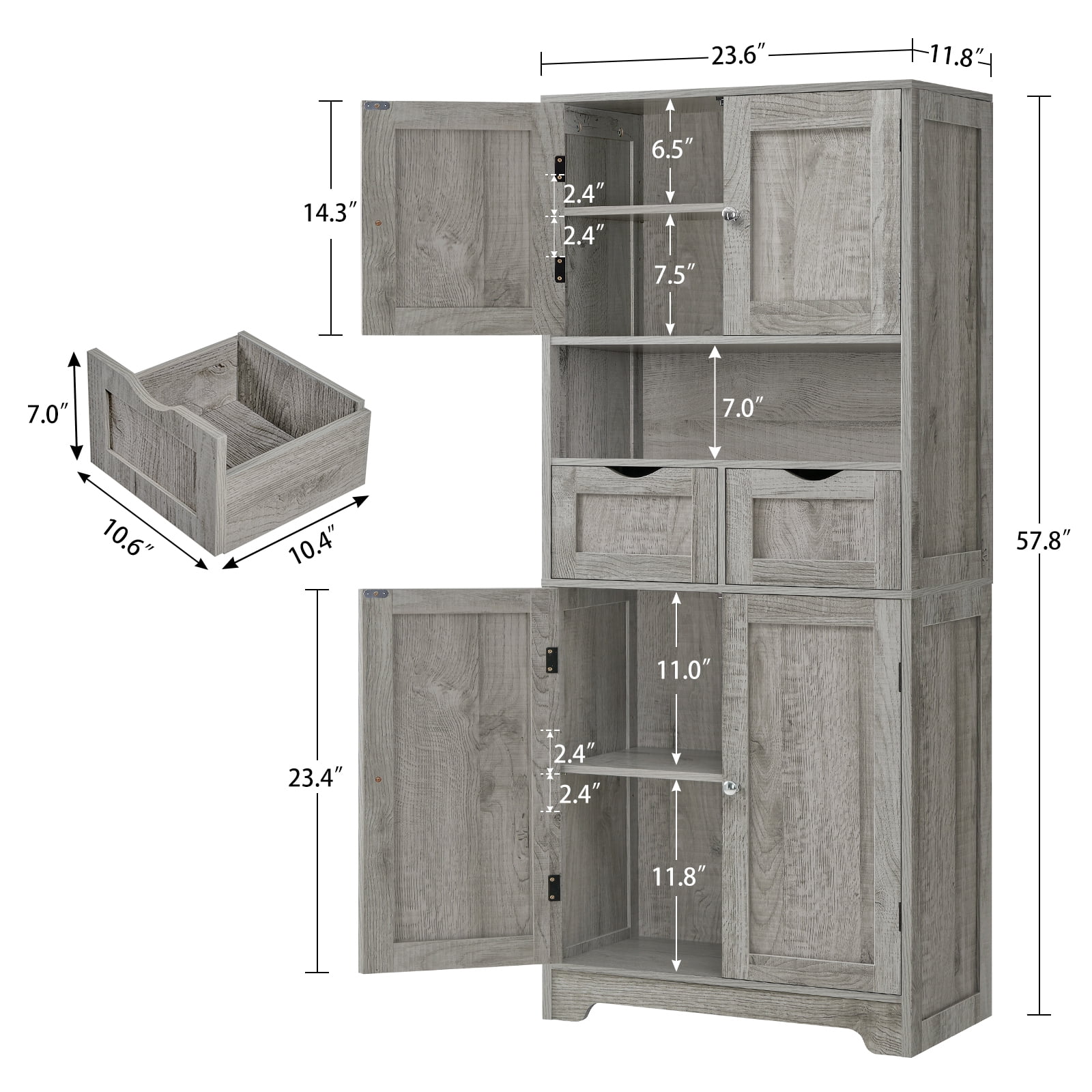 57.8" H Tall Storage Cabinet with Adjustable Shelf, Bathroom Cabinet with 2 Drawers, Linen Cabinet for Living Room, Black
