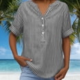 thumbnail image 5 of Otvok Plus Size Women's Cotton Linen Shirts Casual Comfortable Striped Print Short Sleeve V-Neck Summer Blouse, 5 of 7