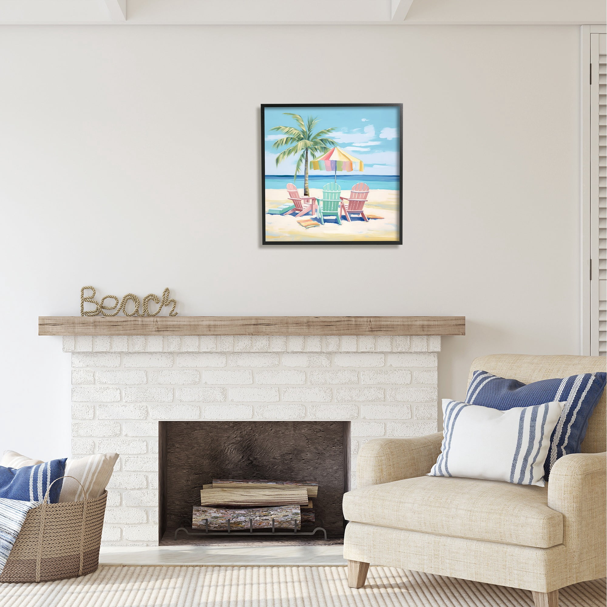 Stupell Industries Pastel Beach Umbrella Scene Landscape Painting Black Framed Art Print Wall Art, 24 x 24