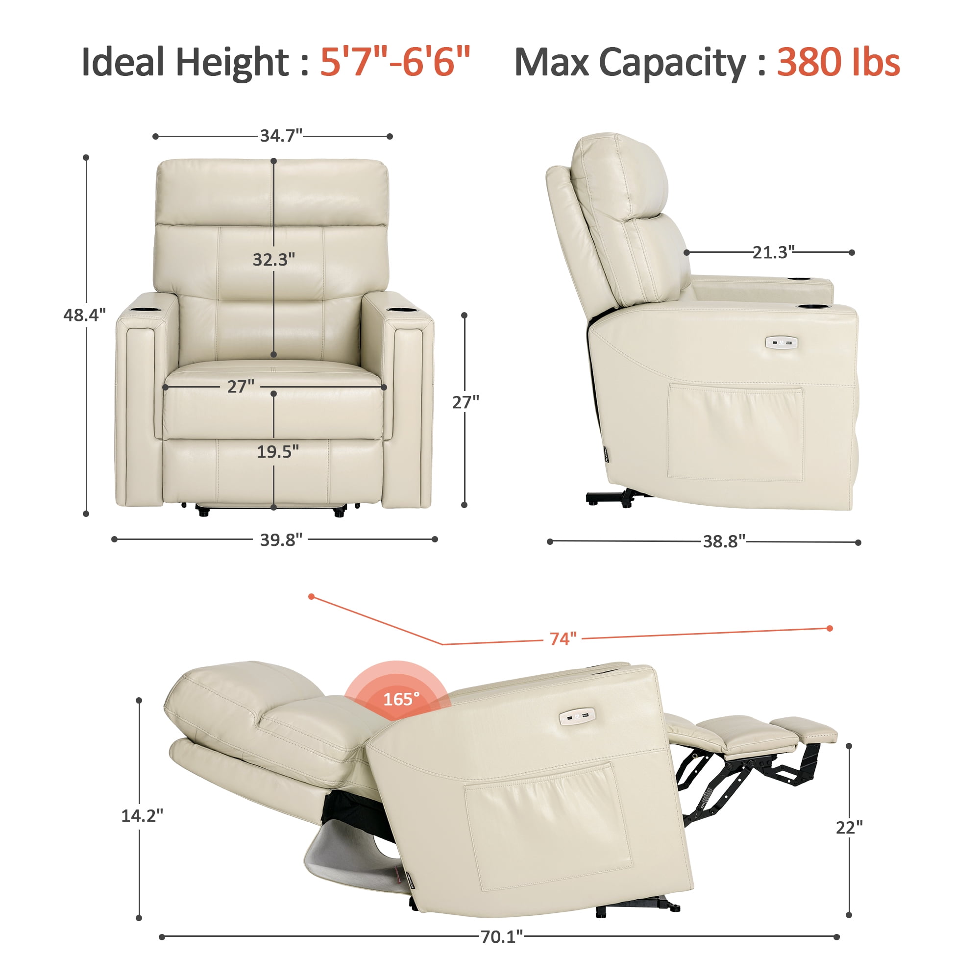 MCombo 380lbs Oversized Dual Motors Lay Flat Power Lift Recliner Chair with 27'' Extra-Wide Seat for Heights 5'7''-6'6" Big and Tall People, Faux Leather(Cream White)