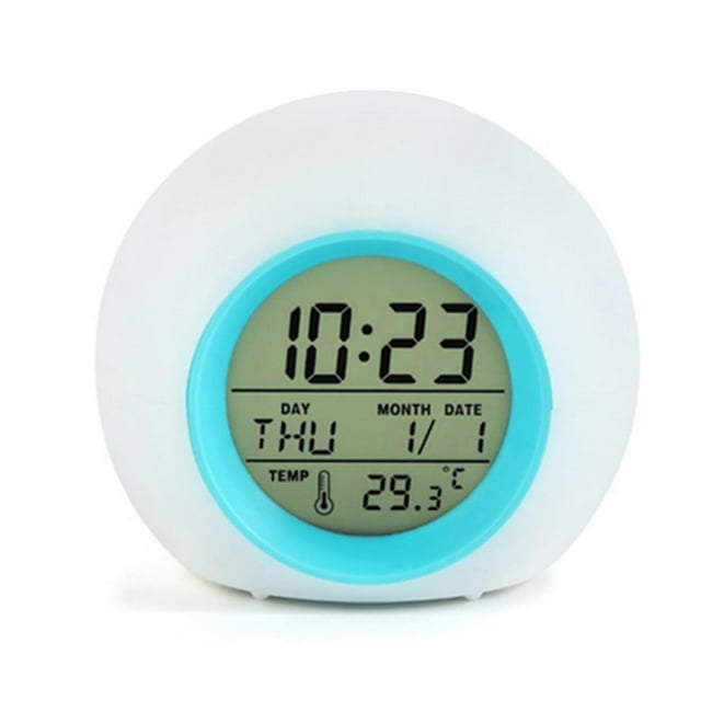 Reloj colorido para decoración del hogar, alarma con pantalla de temperatura para niños con luz nocturna que cambia de 7 colores, Control táctil para niños, azul